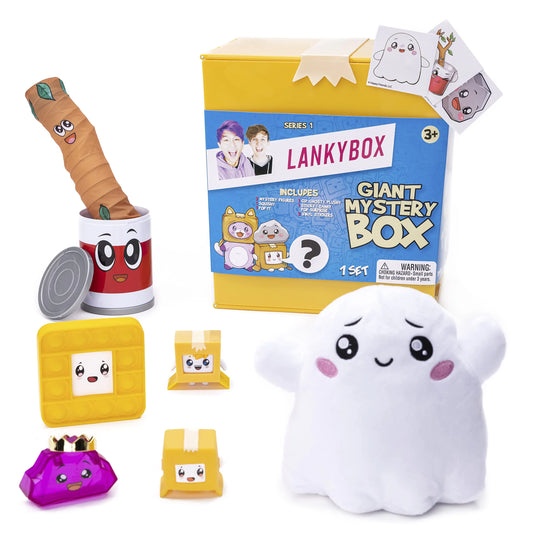 LankyBox Giant Mystery Box – Wearable Boxy Helmet Case + 6" Glow-in-the-Dark Plush, 2 Mystery Figures, Pop-It Fidget, Sticky Canny & Stickers