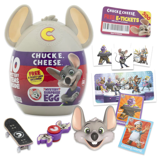 Chuck E. Cheese Mystery Egg – 10 Surprise Toys + Collectible Figure + 500 Free E-Tickets – Official Licensed Merch